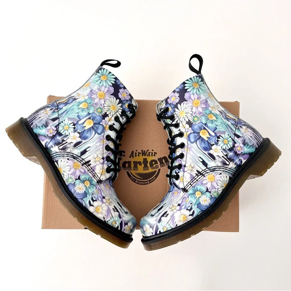 DR. MARTENS | Pascal Paint Slick Backhand Purple White Floral Drip Boots US 7 - Picture 1 of 13